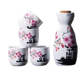 5 Pcs Ceramic Japanese Sake Set Traditional 1 Tokkuri Bottle & 4 Ochoko Cups [A]