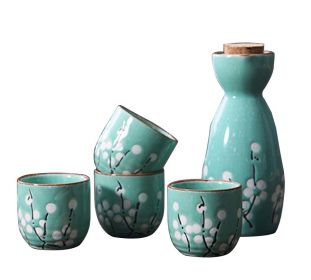 5 Pcs Ceramic Japanese Sake Set Traditional 1 Tokkuri Bottle & 4 Ochoko Cups [G]