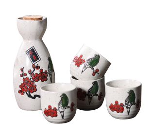 5 Pcs Ceramic Japanese Sake Set Traditional 1 Tokkuri Bottle & 4 Ochoko Cups [F]