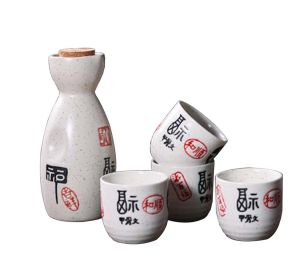5 Pcs Ceramic Japanese Sake Set Traditional 1 Tokkuri Bottle & 4 Ochoko Cups [C]
