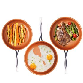 3 Piece Fry Pan Set - 9.5"; 11" & 12.5" with Ultra Nonstick Ceramic Copper Coating; Dishwasher; Metal Utensil & Oven Safe