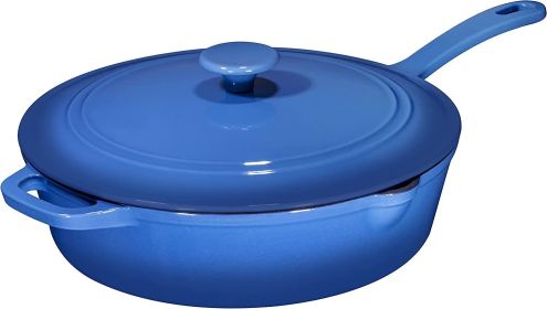 Enameled Cast Iron Skillet Deep Saut Pan with Lid; 12 Inch; Duke Blue; Superior Heat Retention
