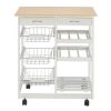 Rolling Kitchen Trolley Cart Island Shelf w/ Storage Drawers Baskets; Wood Kitchen Cart White & Brown