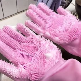 1pair Kitchen Silicone Dishwashing Gloves; Housework Cleaning Waterproof Insulation Magic Gloves; Dishwashing Brush (Color: Pink)