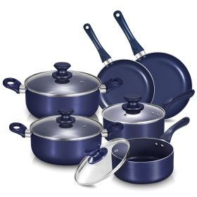 10 Piece Ceramic Nonstick Aluminum Cookware Set - Black & Copper & Blue (Color: Blue)