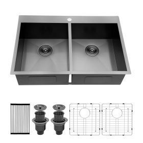 Lordear 33 Inch Kitchen Sink Drop-in Topmount Sink 16 Gauge Double Bowl 50/50 Gunmetal Black Stainless Steel Sink (size: 33-50/50)