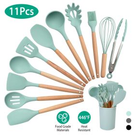 11Pcs Silicone Cooking Utensil Set Heat Resist Wooden Handle Silicone Spatula Turner Ladle Spaghetti Server Tongs (Color: LightGreen)