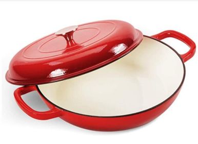 COOKWIN Cast Iron Casserole Braiser;  3.8 Quart; Heavy Duty Casserole Skillet with Lid and Dual Handles;  Porcelain Enameled Surface Cookware Pot (Color: Red)
